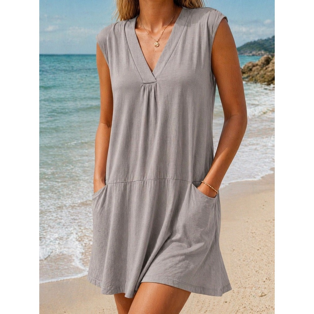 Evy's Tree‎ Kayla Gray Sleeveless Dress M NWT V-Neck Pockets Relaxed